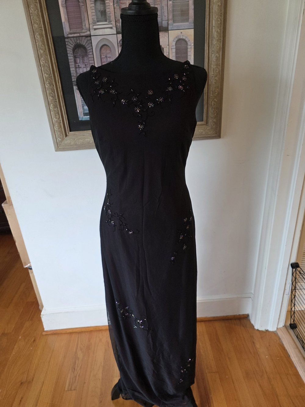 Elegant Black with Burgundy Undertone Beaded Sleeveless Evening Dress